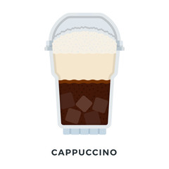 Ice Cappuccino in a clear plastic glass with foam vector flat isolated
