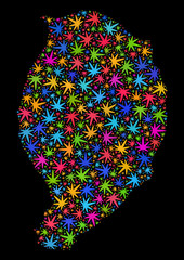 Bright vector marijuana Corvo Island map mosaic on a black background. Template with bright weed leaves for marijuana legalize campaign. Vector Corvo Island map is composed of weed leaves.