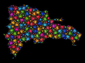 Bright vector cannabis Dominican Republic map collage on a black background. Concept with bright weed leaves for weed legalize campaign. Vector Dominican Republic map is composed of cannabis leaves.