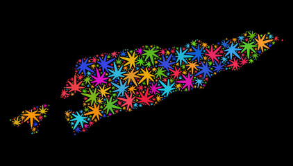 Bright vector cannabis East Timor map collage on a black background. Template with colorful weed leaves for weed legalize campaign. Vector East Timor map is formed with ganja leaves.