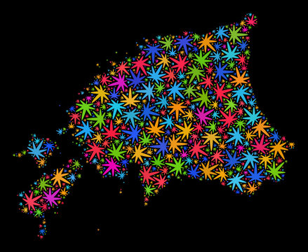 Bright vector marijuana Estonia map collage on a black background. Template with psychedelic herbal leaves for marijuana legalize campaign. Vector Estonia map is composed from herbal leaves.
