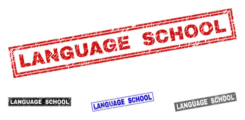 Grunge LANGUAGE SCHOOL rectangle stamp seals isolated on a white background. Rectangular seals with grunge texture in red, blue, black and grey colors.