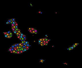 Bright vector marijuana Galapagos Islands map mosaic on a black background. Concept with bright weed leaves for hemp legalize campaign. Vector Galapagos Islands map is composed with cannabis leaves.
