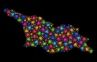 Bright vector cannabis Georgia map collage on a black background. Concept with bright herbal leaves for marijuana legalize campaign. Vector Georgia map is constructed with cannabis leaves.