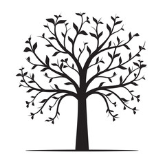 Black Tree with Leaves on white background. Vector Illustration.