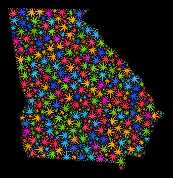 Bright vector marijuana Georgia State map collage on a black background. Concept with bright herbal leaves for marijuana legalize campaign. Vector Georgia State map is organized of marijuana leaves.