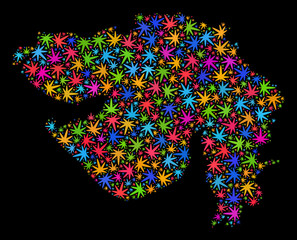 Bright vector marijuana Gujarat State map collage on a black background. Template with colored weed leaves for weed legalize campaign. Vector Gujarat State map is organized with marijuana leaves.