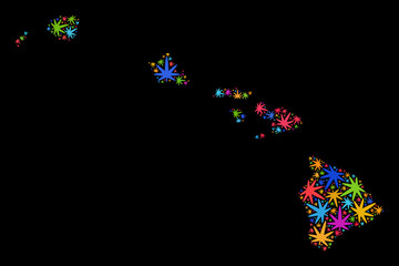 Bright vector cannabis Hawaii State map mosaic on a black background. Template with colored herbal leaves for cannabis legalize campaign. Vector Hawaii State map is constructed with herbal leaves.