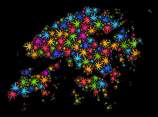 Bright vector marijuana Hong Kong map collage on a black background. Concept with colored weed leaves for cannabis legalize campaign. Vector Hong Kong map is formed with weed leaves.