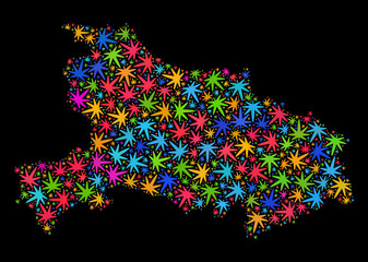 Bright vector cannabis Hubei Province map mosaic on a black background. Concept with colored weed leaves for cannabis legalize campaign. Vector Hubei Province map is formed with cannabis leaves.