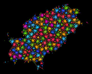Bright vector cannabis Ibiza Island map mosaic on a black background. Template with bright weed leaves for weed legalize campaign. Vector Ibiza Island map is composed from marijuana leaves.