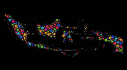 Bright vector marijuana Indonesia map mosaic on a black background. Concept with bright weed leaves for weed legalize campaign. Vector Indonesia map is formed of ganja leaves.