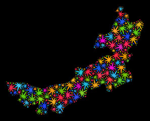 Bright vector marijuana Inner Mongolia map collage on a black background. Template with colorful weed leaves for marijuana legalize campaign.