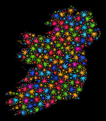 Bright vector marijuana Ireland Island map collage on a black background. Concept with bright herbal leaves for marijuana legalize campaign. Vector Ireland Island map is composed with herbal leaves.