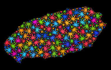 Bright vector marijuana Jeju Island map collage on a black background. Template with bright herbal leaves for weed legalize campaign. Vector Jeju Island map is composed with marijuana leaves.