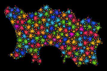 Bright vector marijuana Jersey Island map collage on a black background. Concept with bright weed leaves for marijuana legalize campaign. Vector Jersey Island map is organized with weed leaves.