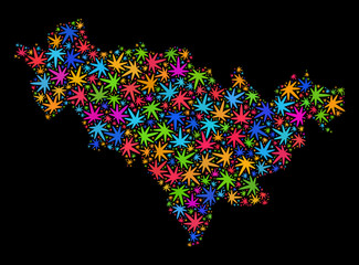 Bright vector cannabis Jilin Province map mosaic on a black background. Concept with psychedelic weed leaves for cannabis legalize campaign. Vector Jilin Province map is organized of weed leaves.