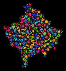 Bright vector cannabis Kosovo map collage on a black background. Template with multi-colored herbal leaves for marijuana legalize campaign. Vector Kosovo map is formed with cannabis leaves.