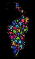 Bright vector marijuana Krasnoyarskiy Kray map collage on a black background. Template with bright herbal leaves for marijuana legalize campaign.