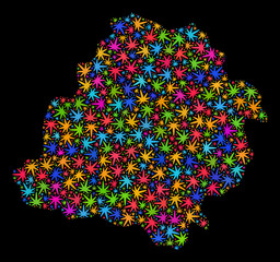 Bright vector cannabis Lodz Voivodeship map mosaic on a black background. Concept with bright weed leaves for hemp legalize campaign. Vector Lodz Voivodeship map is designed with weed leaves.