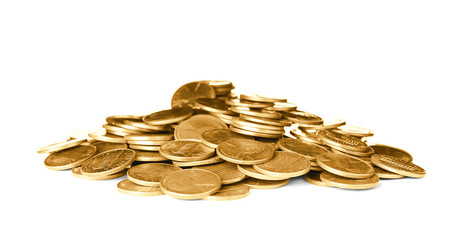 Pile of shiny USA coins on white background