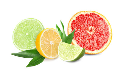 Fototapeta na wymiar Set of different juicy citrus fruits on white background