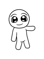 große augen kleiner süßer niedlicher mann figur zeigen comic cartoon hand hinweisen design lieb nett