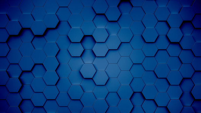 Blaues 3d Rendering von Hintergrund Wand mit hexagonal design und waben struktur als template für webdesign