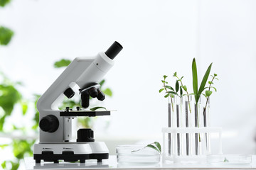 Laboratory glassware with different plants and microscope on table against blurred background....