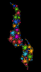 Bright vector cannabis Malawi map collage on a black background. Template with bright weed leaves for cannabis legalize campaign. Vector Malawi map is designed from weed leaves.
