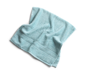 Clean soft terry towel on white background, top view