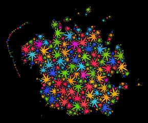 Bright vector marijuana Micronesia island map mosaic on a black background. Concept with bright weed leaves for cannabis legalize campaign. Vector Micronesia island map is composed with ganja leaves.