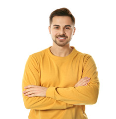 Portrait of handsome man posing on white background