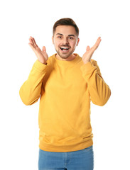 Fototapeta premium Portrait of emotional handsome man on white background