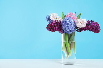 Beautiful hyacinths in glass vase on table against color background, space for text. Spring flowers