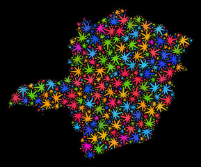 Bright vector marijuana Minas Gerais State map collage on a black background. Concept with multi-colored weed leaves for weed legalize campaign.
