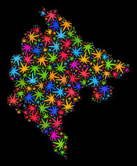 Bright vector cannabis Montenegro map mosaic on a black background. Template with bright herbal leaves for cannabis legalize campaign. Vector Montenegro map is formed with ganja leaves.
