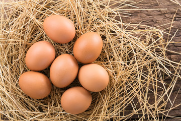 Fresh raw brown eggs on hay, photographed overhead (Selective Focus, Focus on the top of the eggs)
