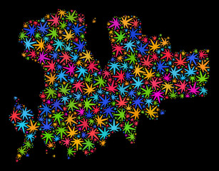 Bright vector cannabis Mykonos Island map collage on a black background. Concept with bright weed leaves for cannabis legalize campaign. Vector Mykonos Island map is created from cannabis leaves.