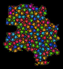 Bright vector cannabis New Delhi City map collage on a black background. Concept with psychedelic weed leaves for cannabis legalize campaign. Vector New Delhi City map is designed with weed leaves.