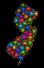 Bright vector marijuana New Jersey State map mosaic on a black background. Concept with multi-colored herbal leaves for hemp legalize campaign.