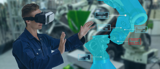 Fototapeta na wymiar iot industry 4.0 concept,industrial engineer(blurred) using smart glasses with augmented mixed with virtual reality technology to monitoring machine in real time.Smart factory use Automation robot arm