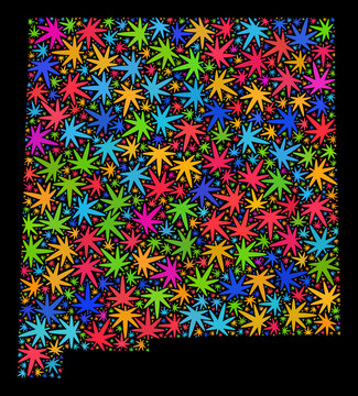 Bright vector cannabis New Mexico State map mosaic on a black background. Template with bright weed leaves for weed legalize campaign. Vector New Mexico State map is constructed with weed leaves.