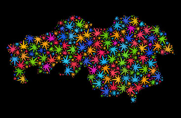 Bright vector cannabis North Brabant Province map collage on a black background. Template with colored herbal leaves for marijuana legalize campaign.