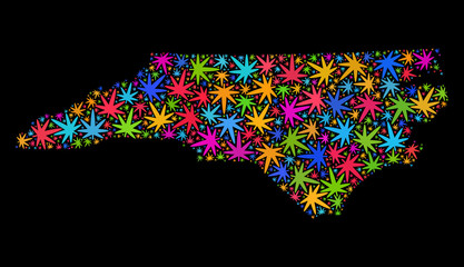 Bright vector cannabis North Carolina State map mosaic on a black background. Concept with psychedelic weed leaves for cannabis legalize campaign.