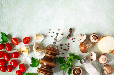 Ingredients for cooking: mushrooms and vegetables, spices and herbs. Vegetarian food, top view