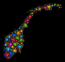Bright vector marijuana Norway map mosaic on a black background. Template with psychedelic herbal leaves for marijuana legalize campaign. Vector Norway map is composed of herbal leaves.
