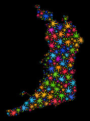 Bright vector marijuana Osaka Prefecture map collage on a black background. Concept with bright weed leaves for cannabis legalize campaign.