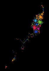 Bright vector cannabis Palau map mosaic on a black background. Concept with bright herbal leaves for cannabis legalize campaign. Vector Palau map is constructed with weed leaves.