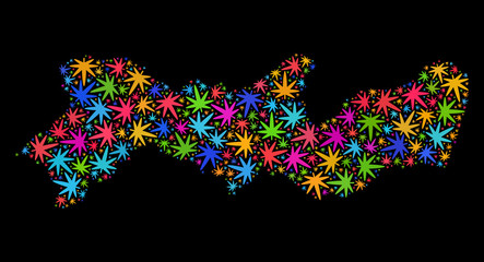 Bright vector cannabis Pernambuco State map collage on a black background. Template with multi-colored herbal leaves for cannabis legalize campaign.